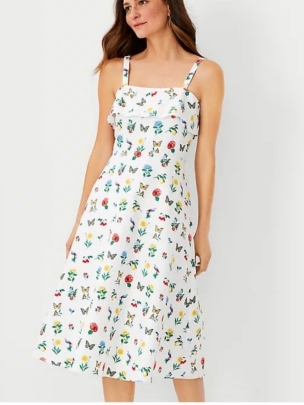 Ann Taylor White Midi Dress with Multicolor Floral & Butterfly Print